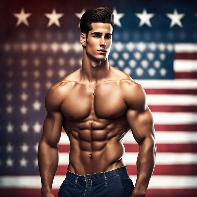 Muscular Shirtless Man Posing Against American Flag