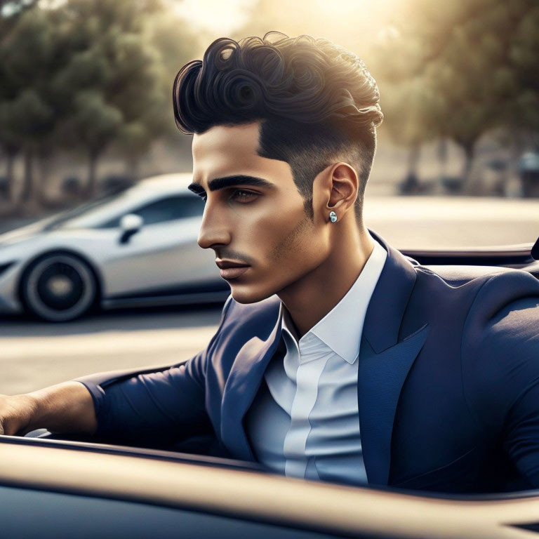 Stylized portrait of man in blue suit with luxury car in background