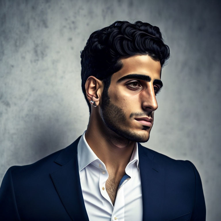 Stylish man with dark hair and earring in suit on grey background