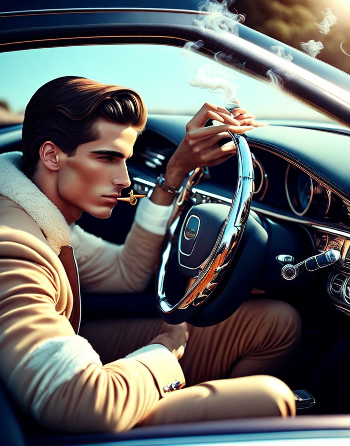 Man with slicked-back hair smoking in luxurious car