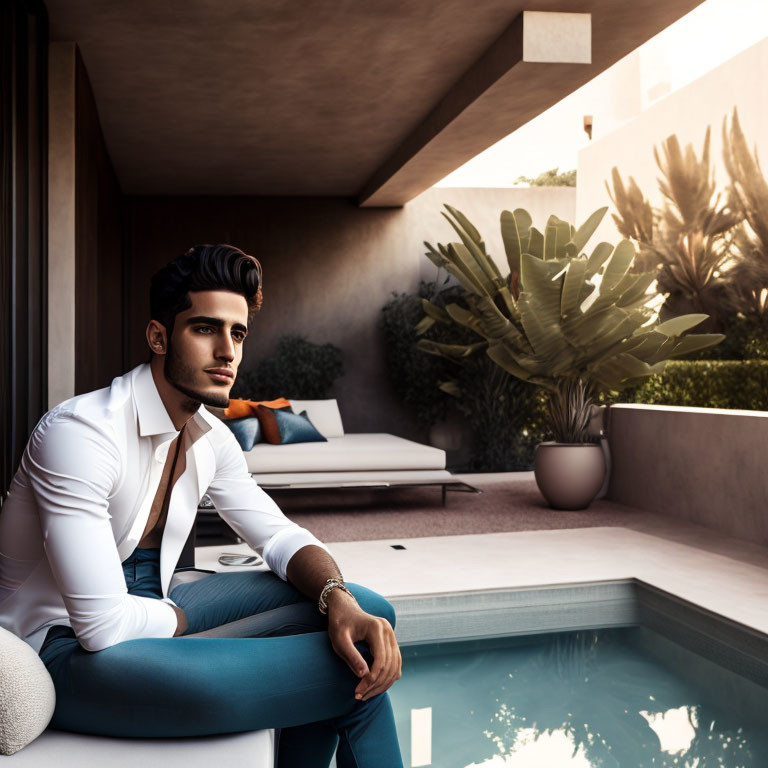 Man in white shirt by outdoor pool with bench and plants.