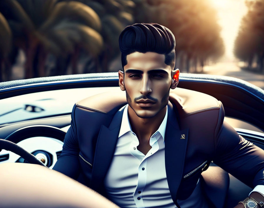 Confident man in luxury car with palm trees view