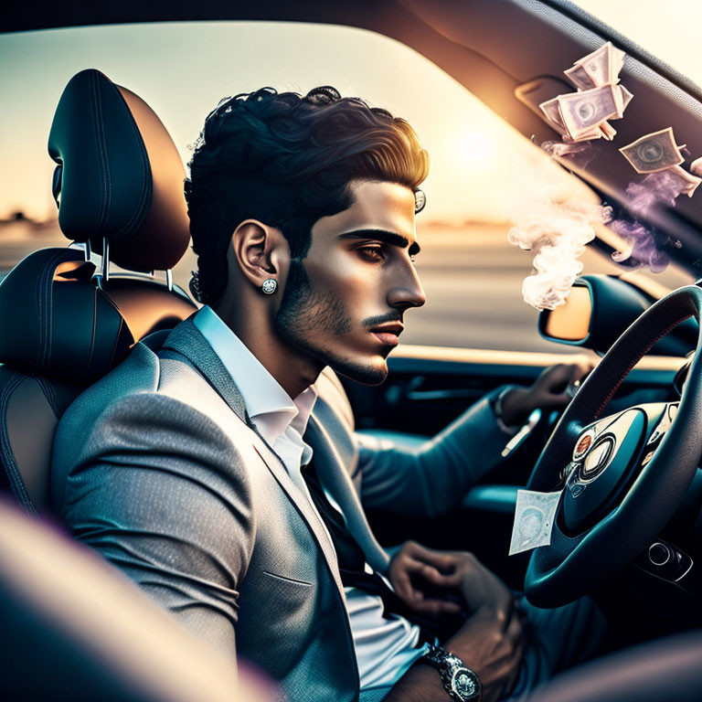 Luxury car driving man with money, smoking at sunset