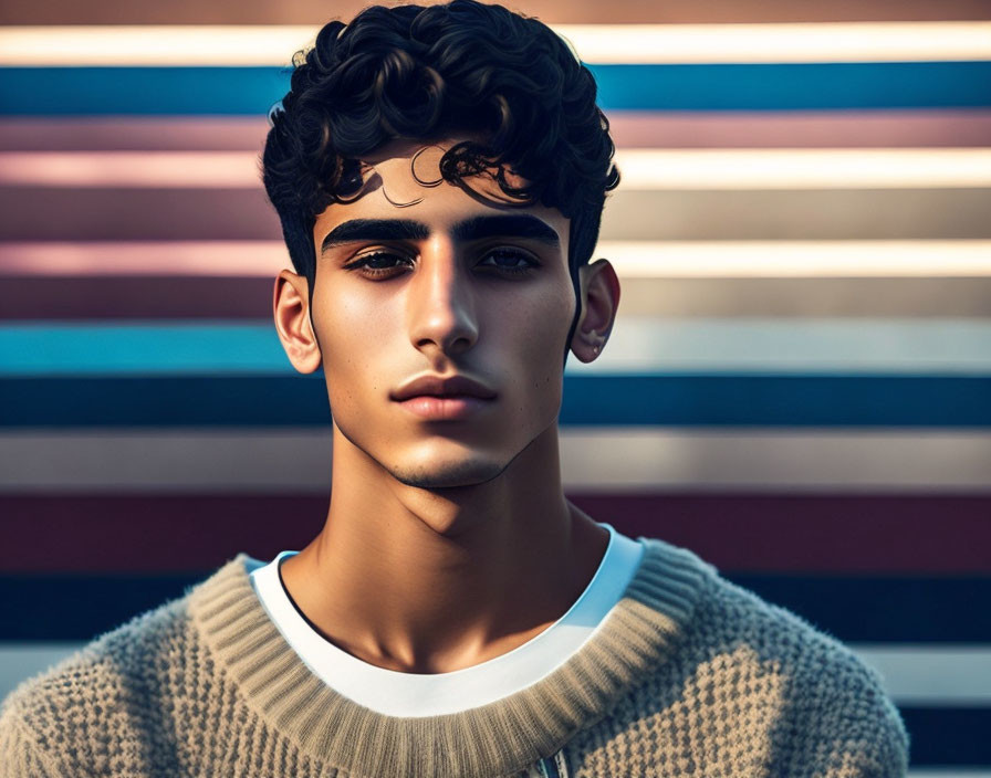 Curly-Haired Young Man Poses Against Colorful Striped Background