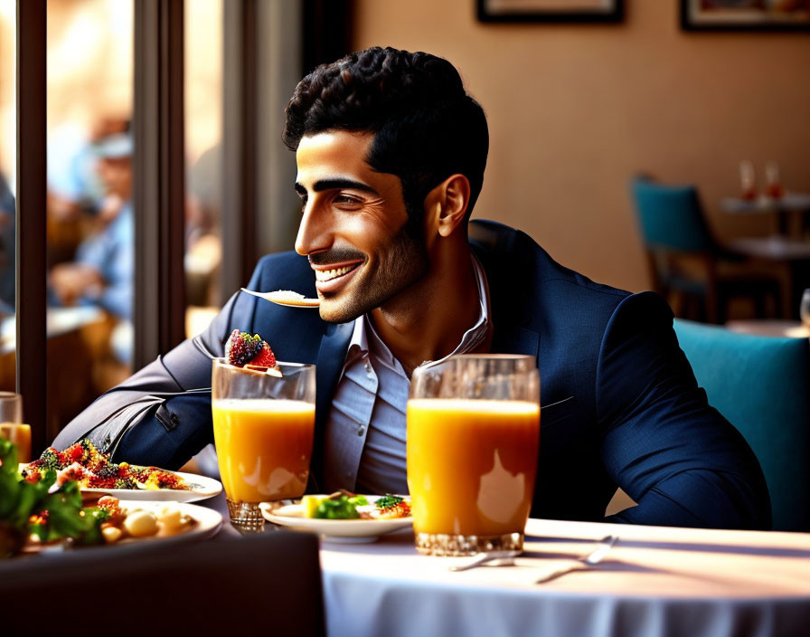 Man in suit dining, smiling with salad and orange juice.