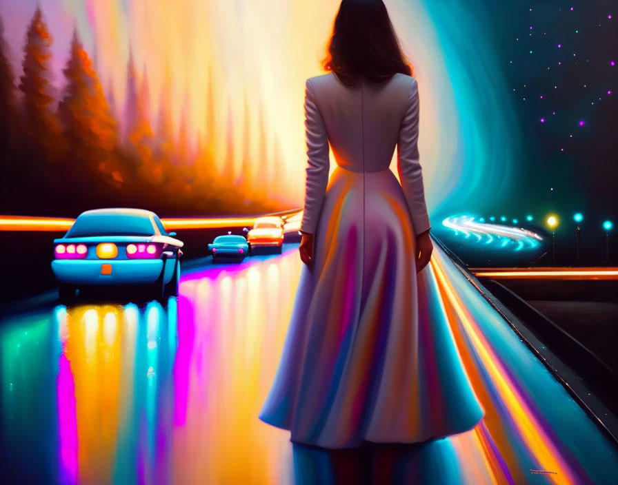 Woman in white dress by neon-lit road watching classic cars at night