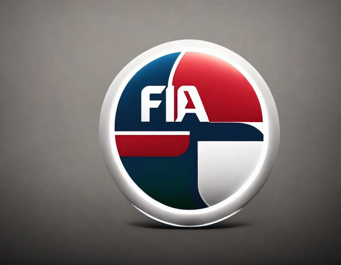 Round FIA logo badge with split red and blue design and white "FIA" letters on gray