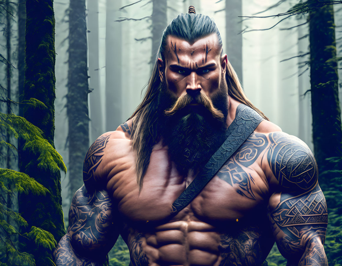 Muscular tattooed man with long beard in misty forest.