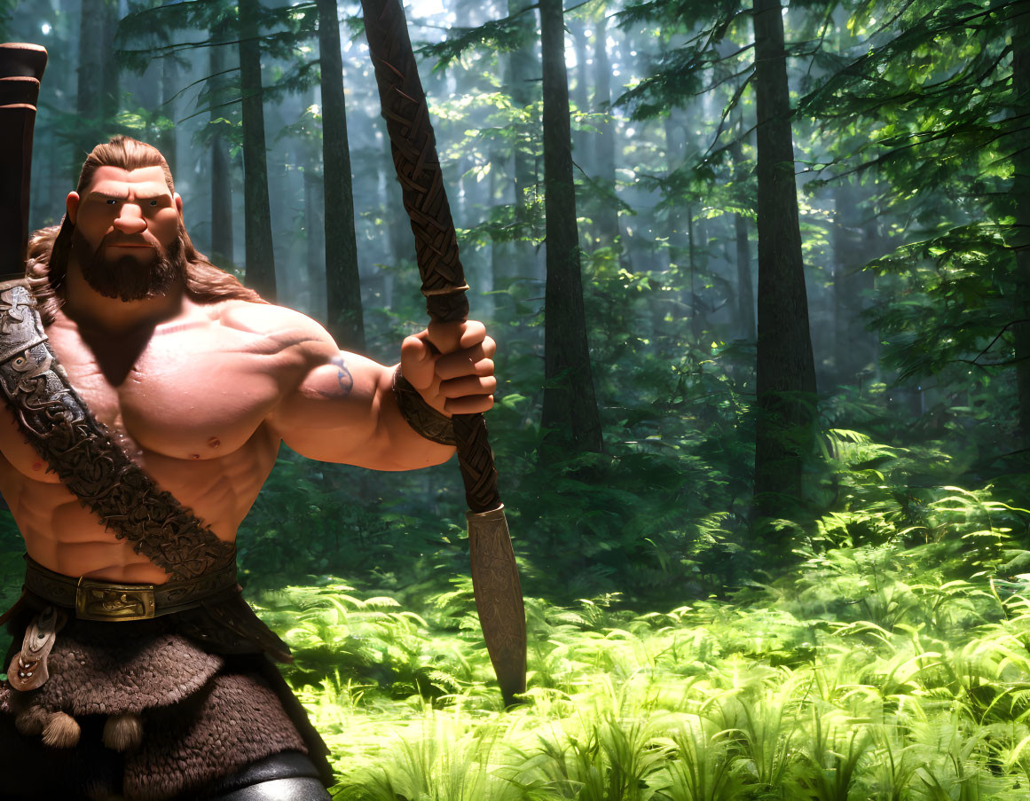 Muscular warrior with sword in sunlit forest landscape