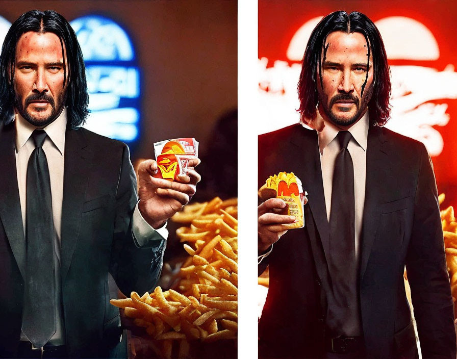 Bearded man in suit with fast food items against logo background