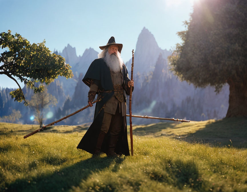 Bearded wizard with staff in fantasy landscape