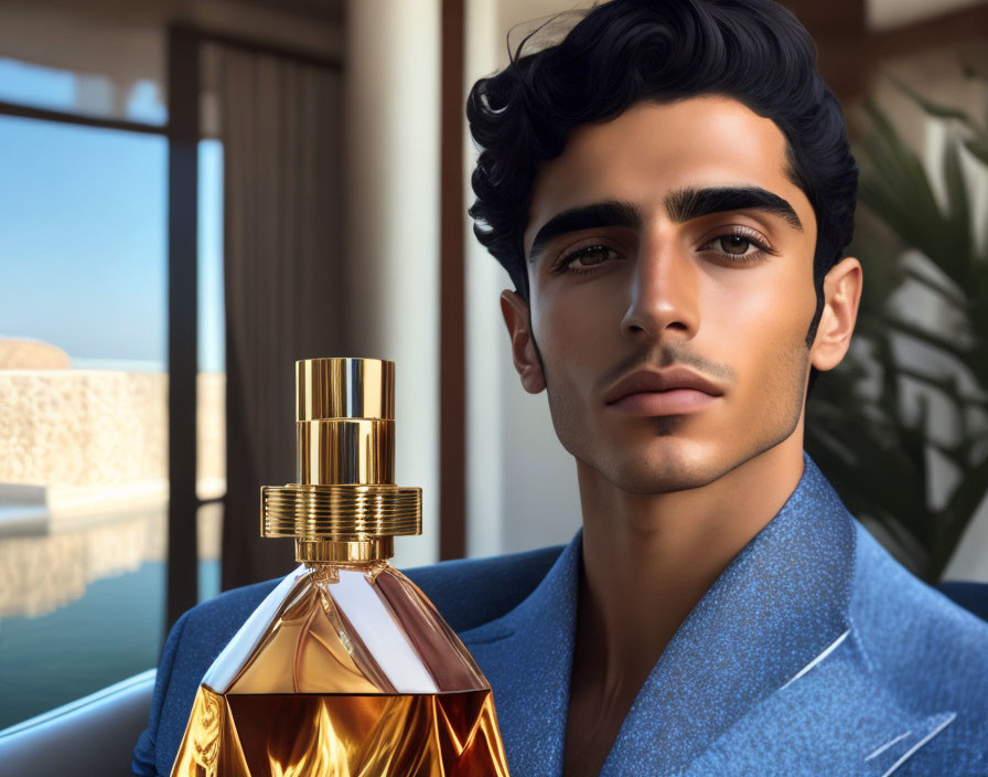 Stylish man in blue blazer with prominent eyebrows next to luxury perfume bottle