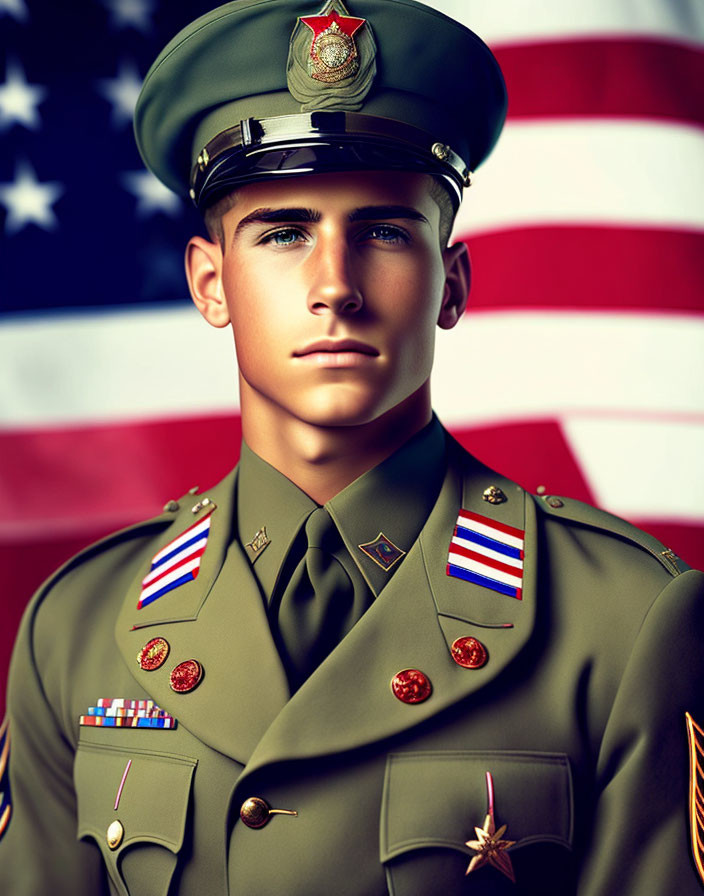 Realistic Illustration of Young Male Soldier in Green Dress Uniform with Medals