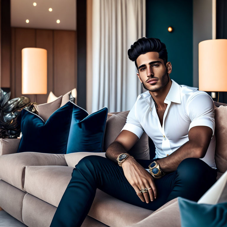 Slicked-back hair man in white shirt lounging on beige sofa