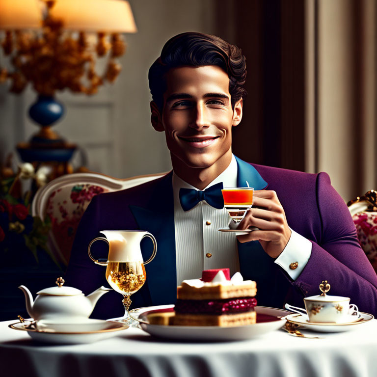 Smiling man in purple jacket and bow tie savoring espresso at elegant table