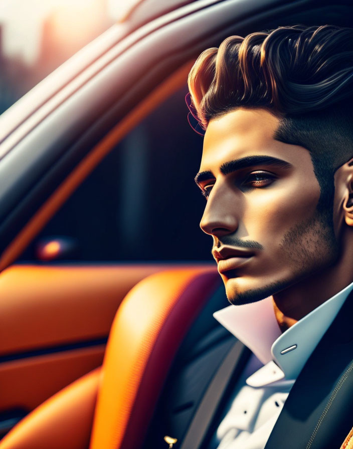 Stylish man with slicked-back hair and beard in luxury car with orange leather seats.