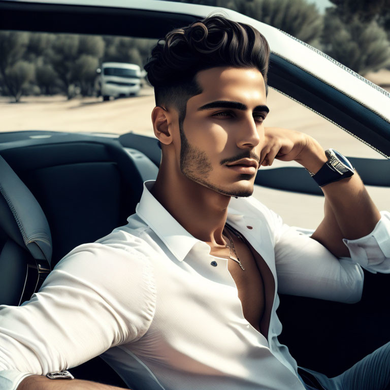 Young man with neat hairstyle in convertible car wearing white shirt