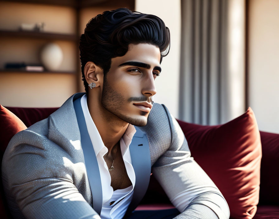 Digital portrait of a man with black hair and a beard in blue blazer on red couch