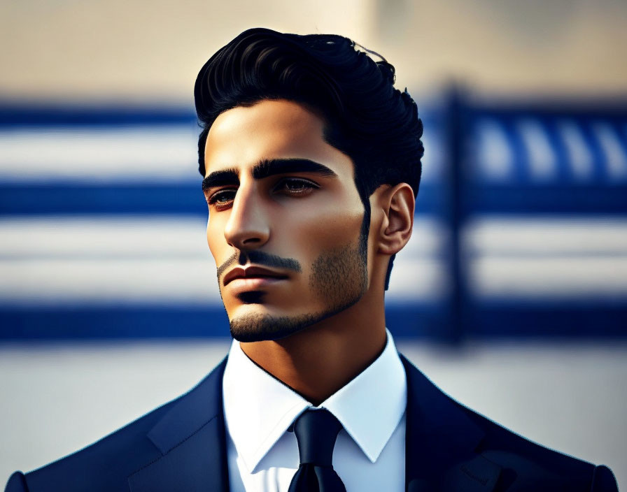 Stylish man with slick hairstyle in black suit against blue-striped background