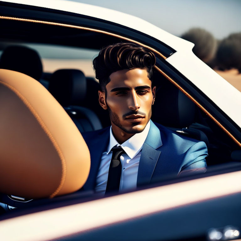 Man in suit sitting in luxury car driver's seat with open door, looking thoughtful.