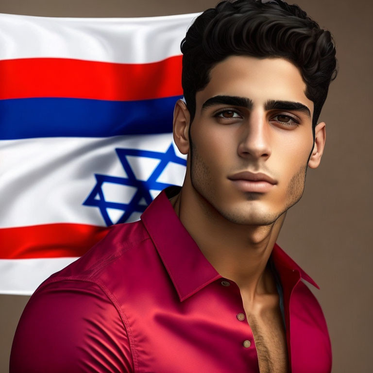 Man with dark hair and red shirt in front of Thai and Israeli flags