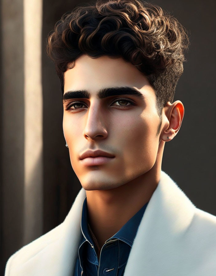 Young man with curly hair in navy blue shirt and cream jacket: 3D-rendered image