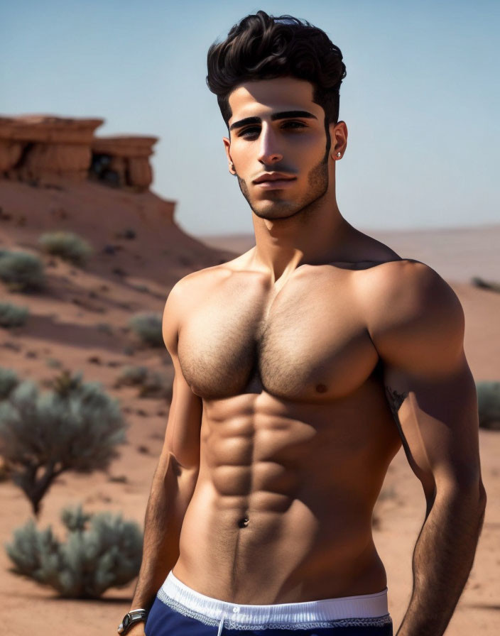 Shirtless male animated character with abs in desert landscape