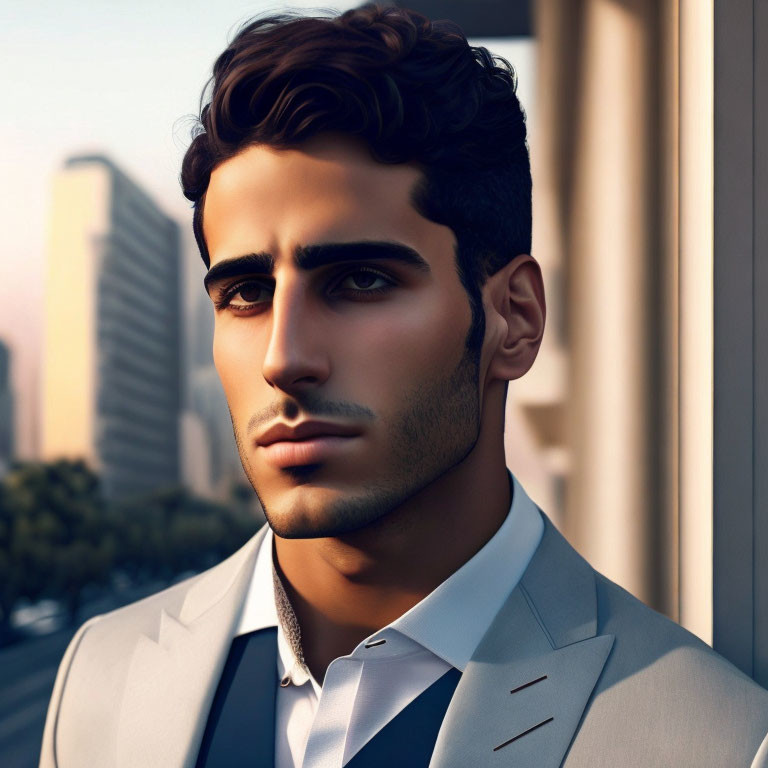 Stylish man in suit with dark hair and stubble against urban backdrop