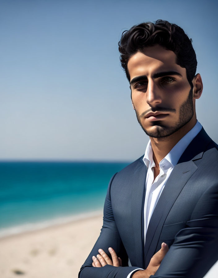 Dark-Haired Man in Navy Suit by Clear Blue Beach