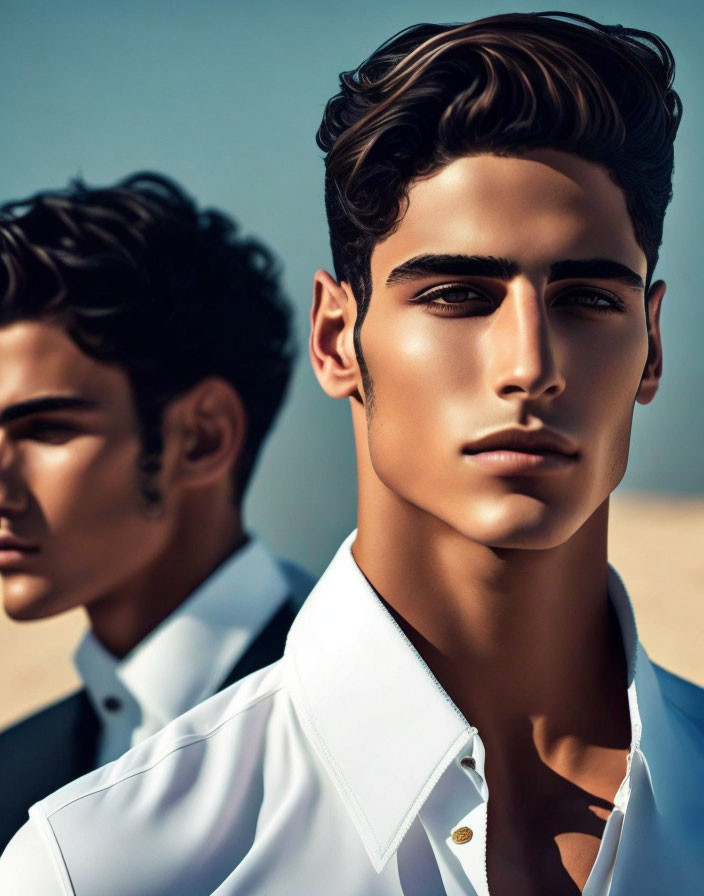 Sharp-featured men in white shirts: High-fashion digital illustration