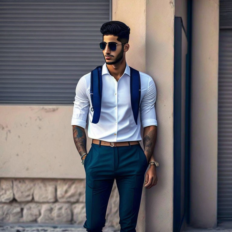 Bearded man in sunglasses with white shirt and blue pants leaning against wall