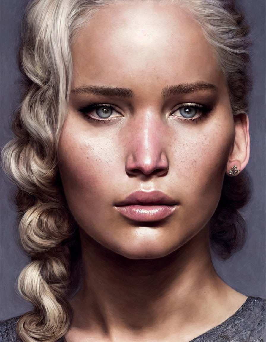 Blonde Curly-Haired Woman with Blue Eyes and Freckles in Gray Top