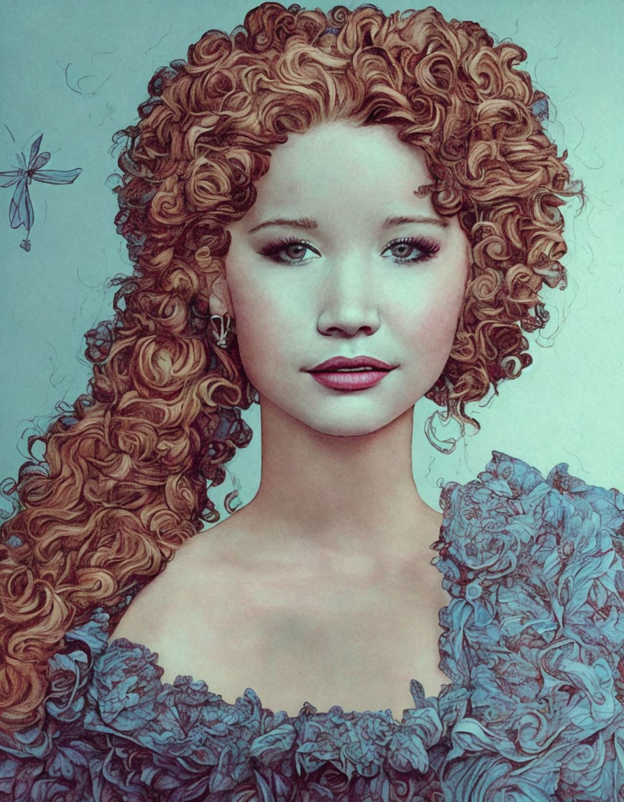 Illustration of woman with red curly hair in blue lace dress with dragonfly