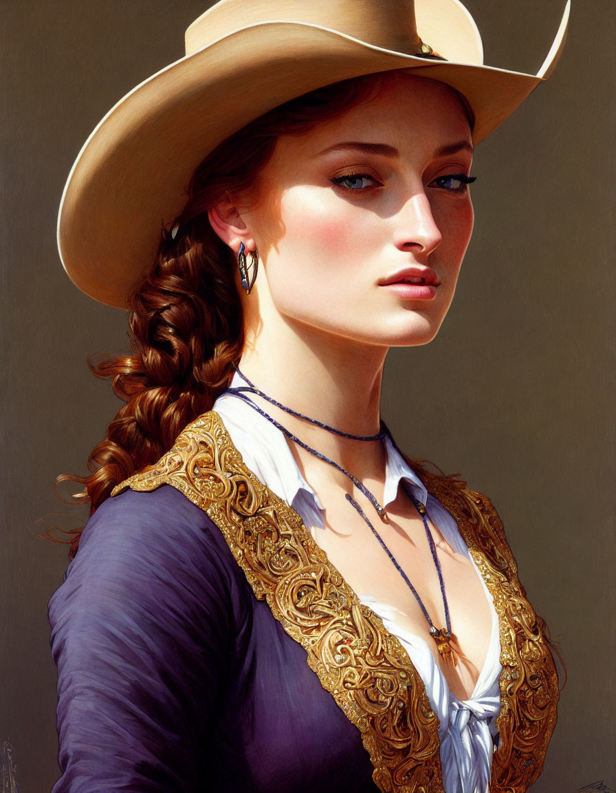 Woman with braided hairstyle in wide-brimmed hat, purple blouse, gold embroidery, pendant necklace