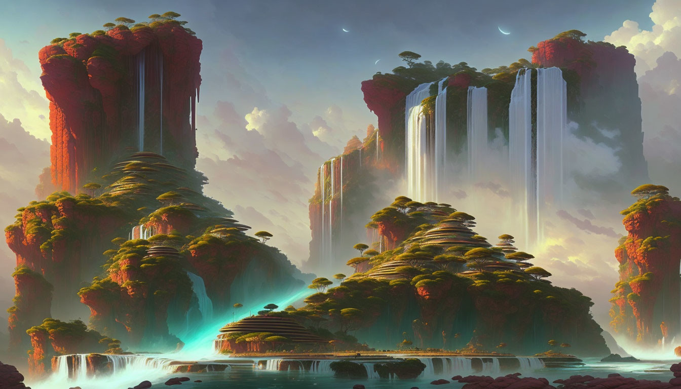 Alien landscape: red cliffs, waterfalls, greenery, blue lake, two moons