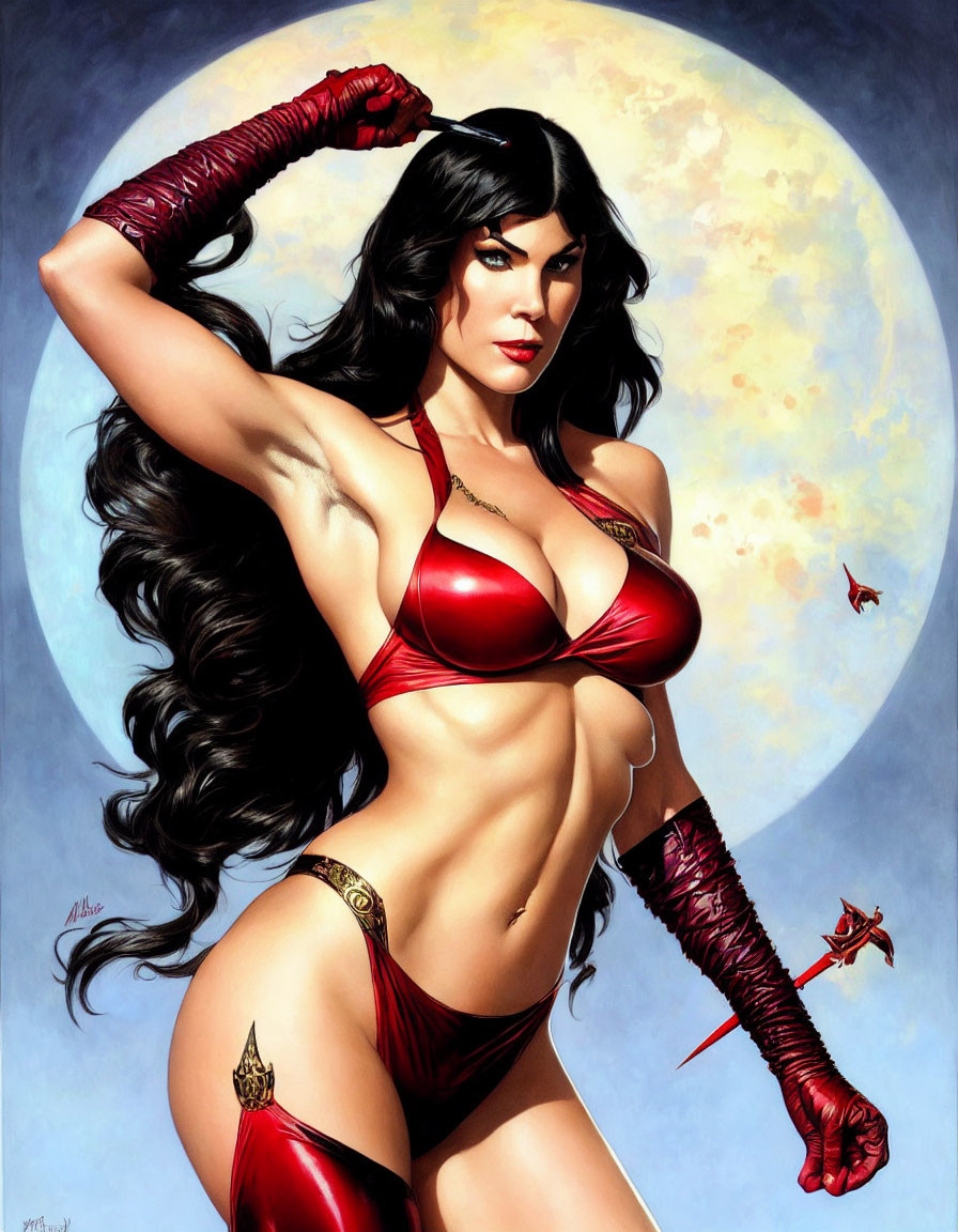 Stylized illustration of woman in red bikini against moon backdrop