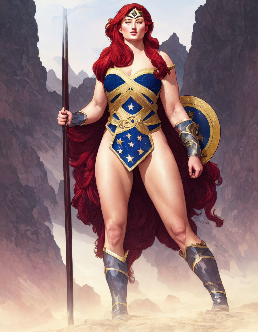 Red-haired warrior woman in blue and gold costume with spear and shield