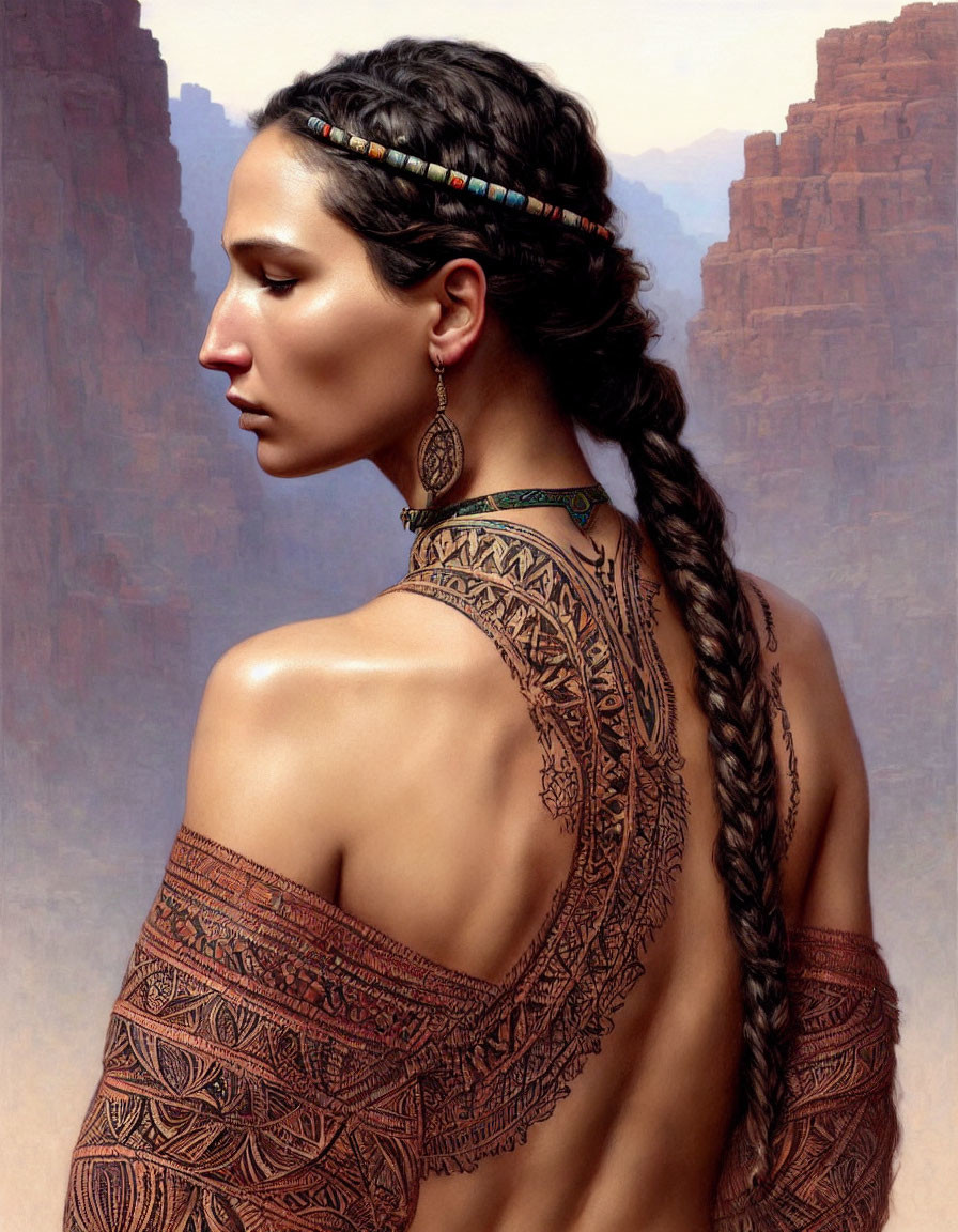 Braided hairstyle woman with tribal tattoos in desert canyon