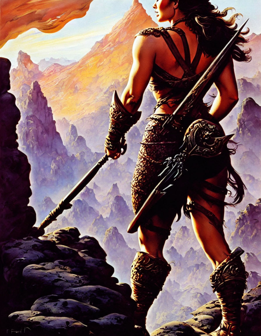 Warrior woman in armor with spear and shield on rocky outcrop at sunset