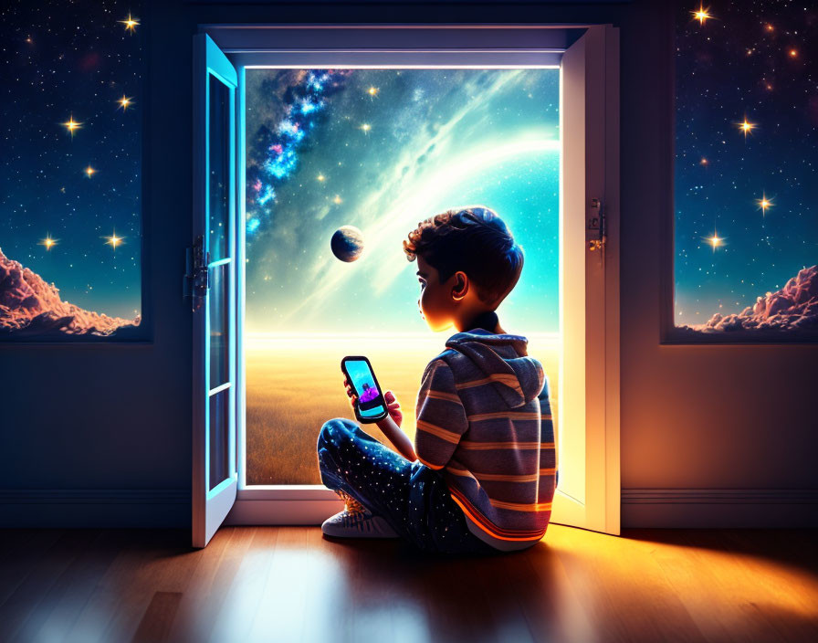 Child looking at space scene with smartphone in hand