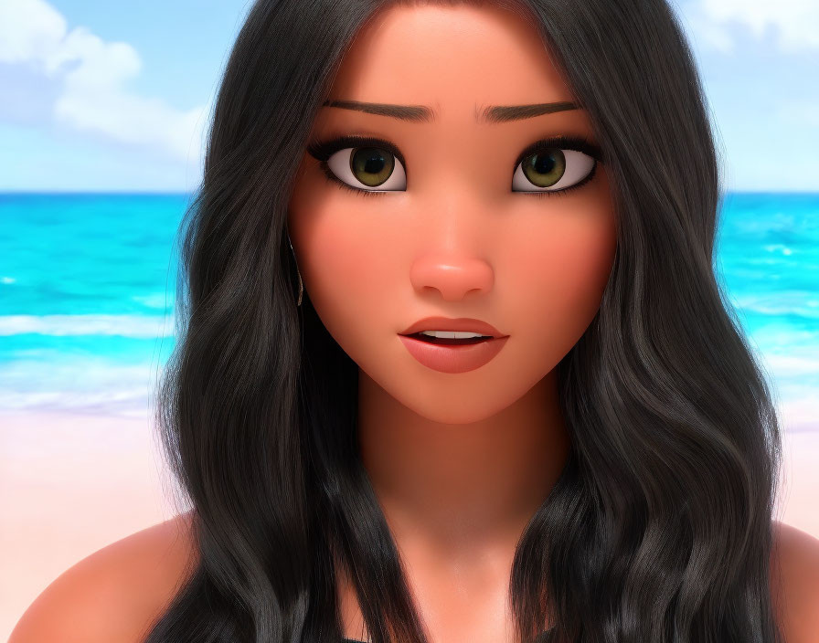 Animated female character with long black hair and green eyes on beach with clear blue sky and ocean.