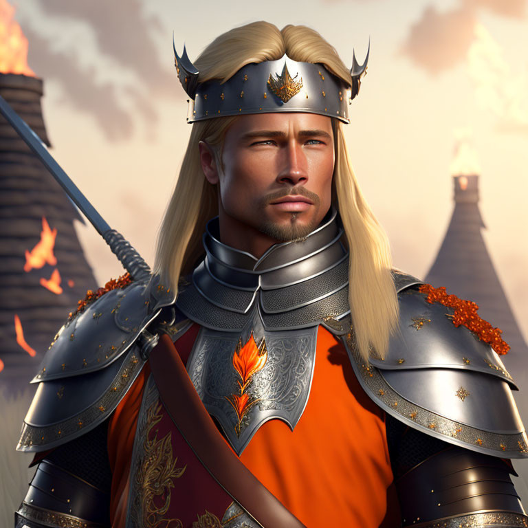 Silver-armored knight with golden accents and orange cloak in front of fiery background