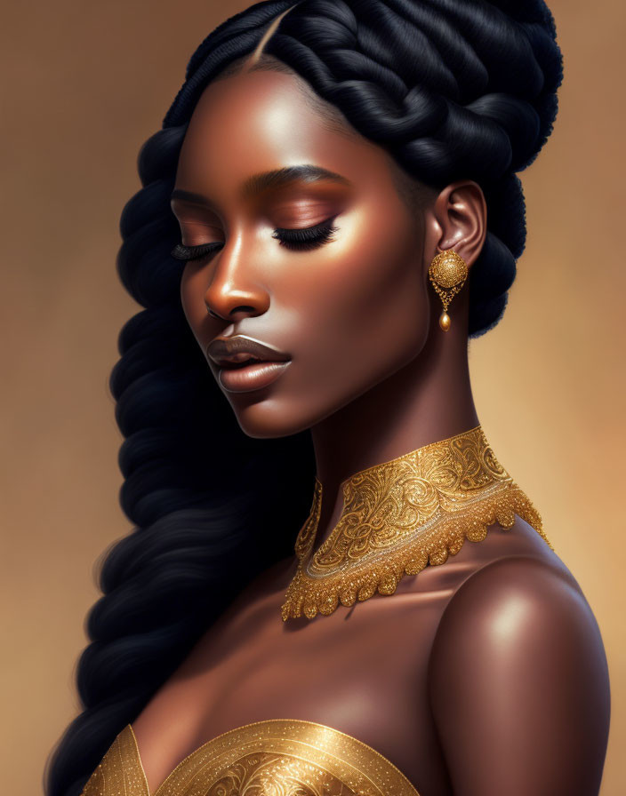 Woman with Elaborate Braided Hair and Gold Outfit Illustration