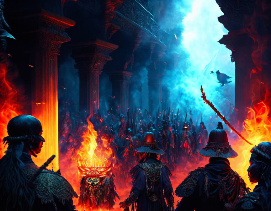 Fantastical army with horned helmets at fiery and blue-lit temple