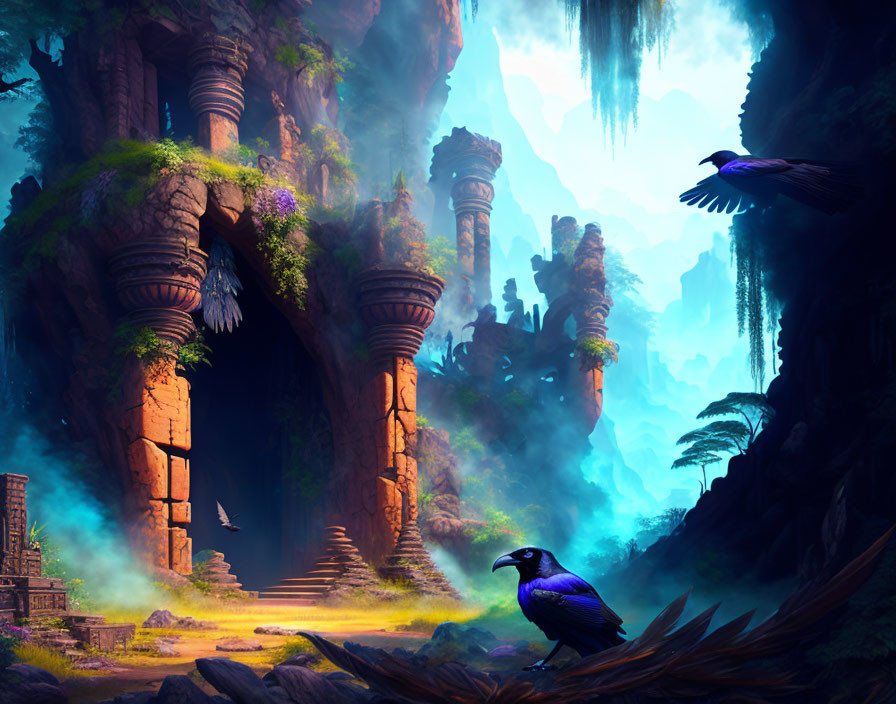 Mystical forest scene with ancient ruins, vibrant crow, ethereal light, and lush vegetation