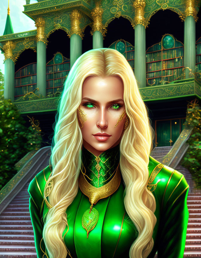 Blonde woman in regal attire with green eyes and ornate background