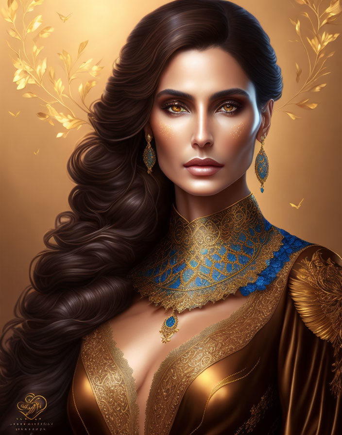 Woman with Long Wavy Hair in Gold and Blue Jewelry Portrait