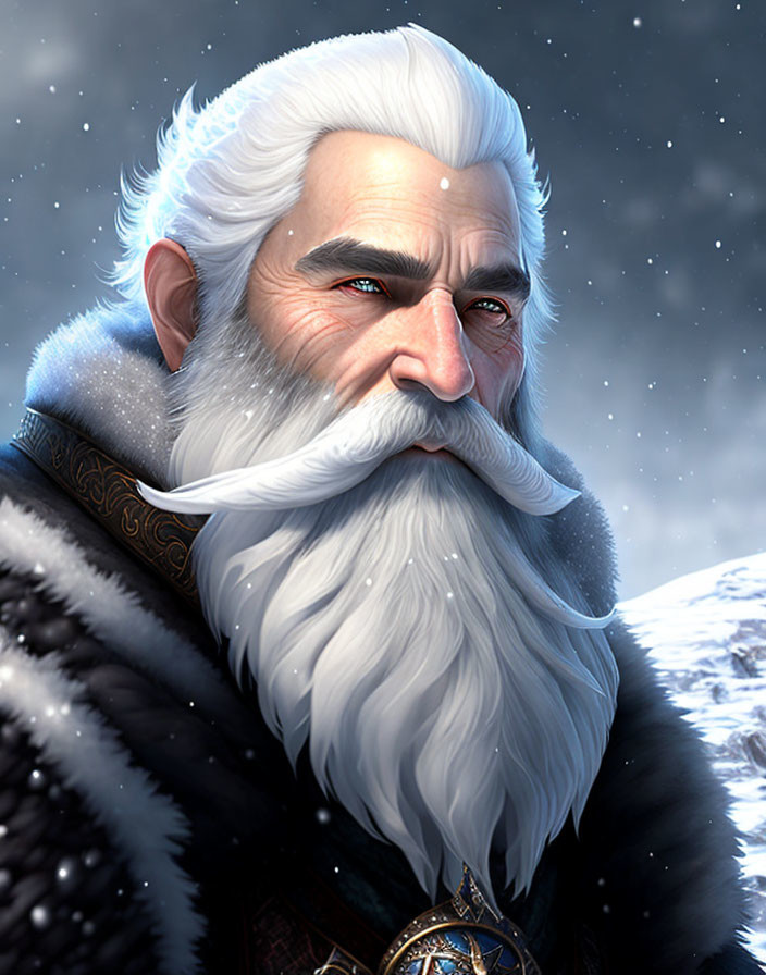 Elderly man with white beard in snowy fantasy setting