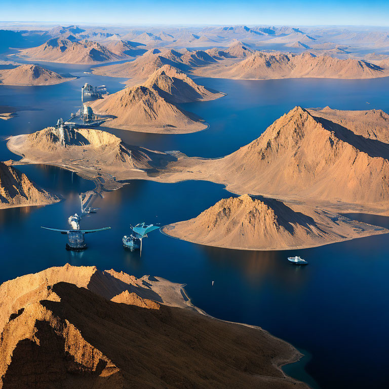 Rugged coastline with ships and industrial structures near sharp mountain peaks