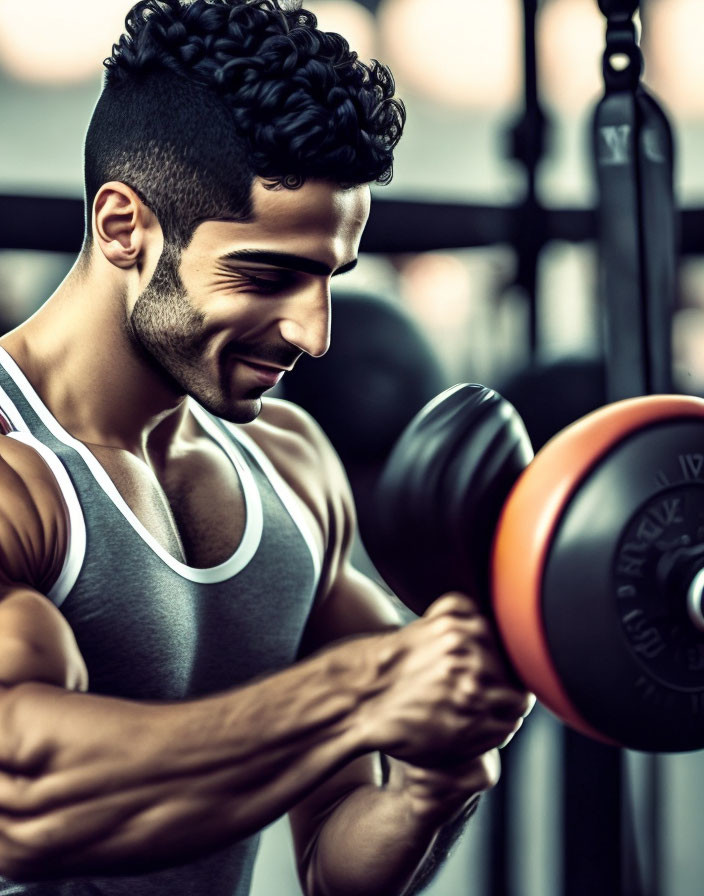 Muscular man with curly hair lifting dumbbell in gym setting